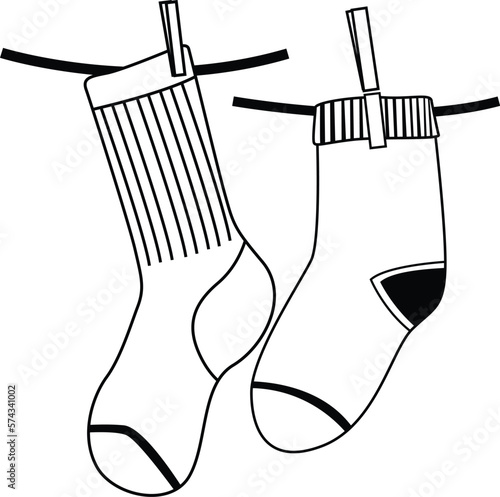 socks hanging on a rope vector art illustration. sock line drawing
