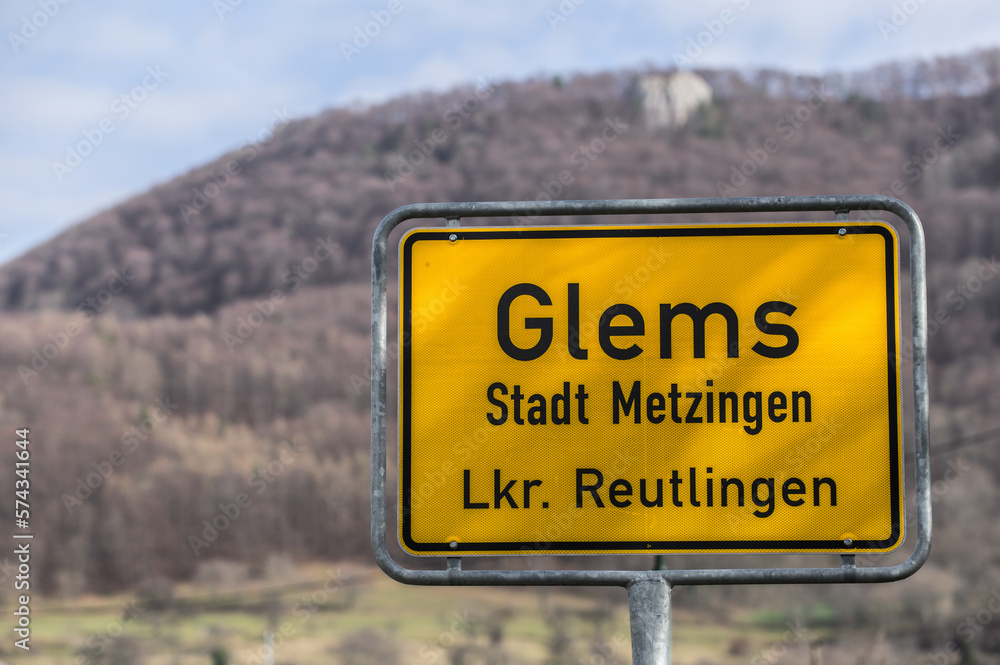 Ortsschild Glems Stadt Metzingen Landkreis Reutlingen Ortsschild Glems Stadt Metzingen Landkreis Reutlingen
