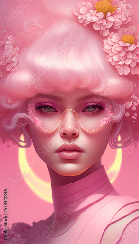 AI generated. Spring pink vibes. Portrait of a stylized young woman with pink hair surrounded by blooming flowers in a very pink setting.