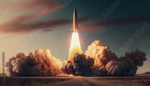 Missile Launch, Ballistic Missile Takes Off from Desert with fire and smoke, Generative AI