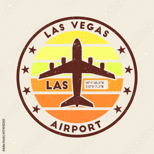 Las Vegas airport insignia. Round badge with vintage stripes, airplane shape, airport IATA code and GPS coordinates. Classy vector illustration.