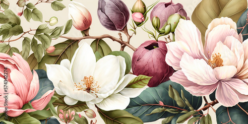 Fototapeta Naklejka Na Ścianę i Meble -  Delicate floral watercolor pattern for textiles and backgrounds, watercolor peonies flowers and green leaves, soft colors, boho style on a light background, floristic vintage, Asian. Generative AI