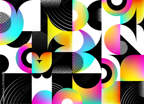 Abstract geometric background of circles, squares, sector and colorful elements. Bright vector multicolored pattern.