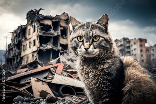 A homeless cat against the backdrop of a ruined city after an earthquake, a homeless animal after the disaster in Turkey and Syria, a lonely year left behind. Generative AI photo