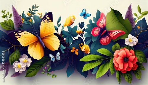 Summer meadow grass  flowers and butterflies. Floral illustration background. Generative AI