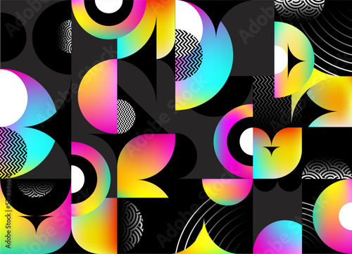 Bright vector multicolored pattern. Abstract geometric background of circles, squares, sector and colorful elements.
