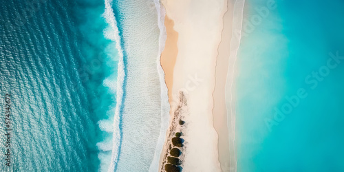 Fototapeta Naklejka Na Ścianę i Meble -  Aerial drone footage of sea ocean waves reaching shore.Beach with aerial drone. Beach clear turquoise top view. Beautiful beach