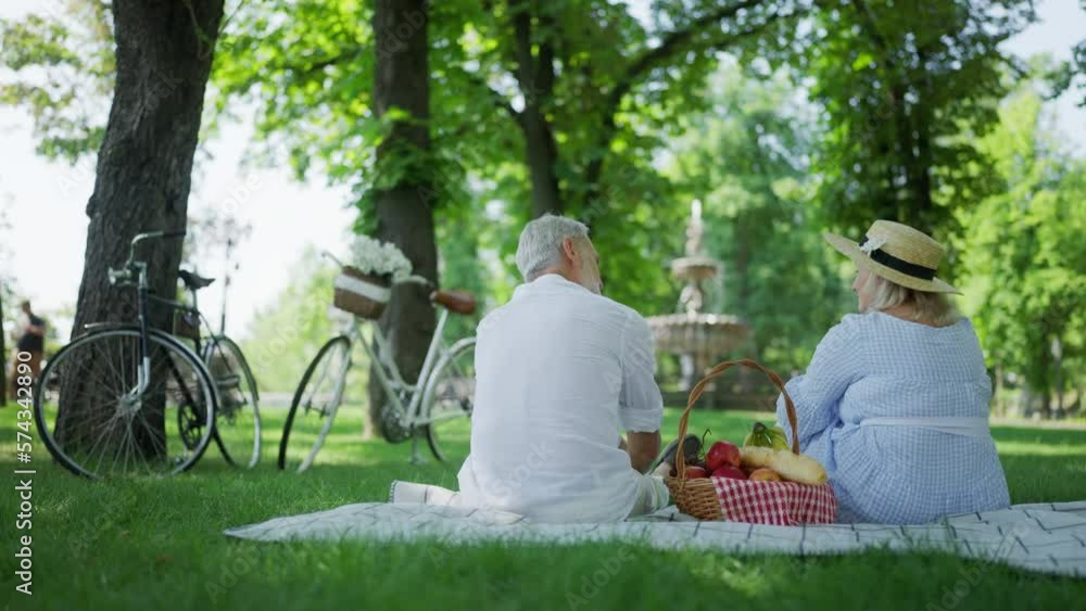 Back view of couple in their 60s sitting on blanket in city park, picnic day Back view of couple in their 60s sitting on blanket in city park, picnic day