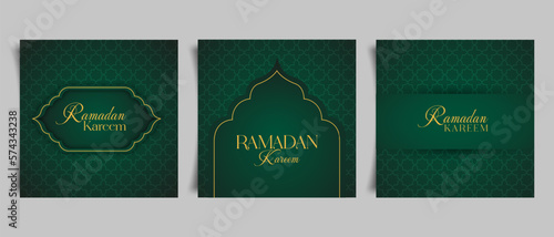Crescent Islamic for Ramadan Kareem greeting card set. Ramadan holiday invitations templates collection with hand drawn lettering and gold arabic pattern. Vector illustration. 