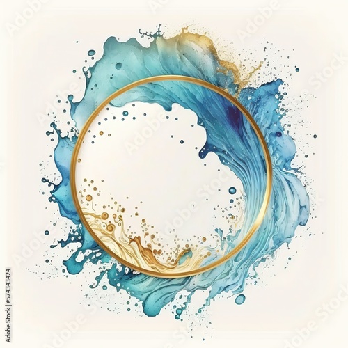 gold circle frame on gold and blue watercolor abstract background. AI generated