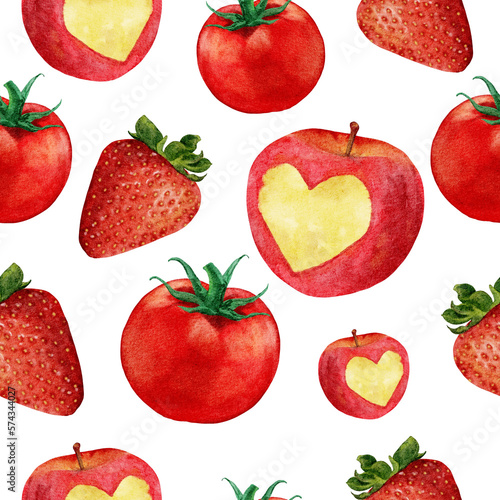 Fototapeta Naklejka Na Ścianę i Meble -  cute apple tomato strawberry watercolor pattern
