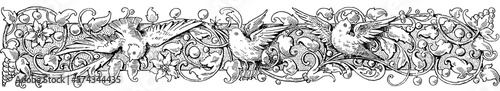 Antique Flourished / Floral Design Element with Birds