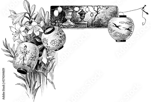 Detailed Decorative Line Art Engraving of Japanese Lanterns and Flowers