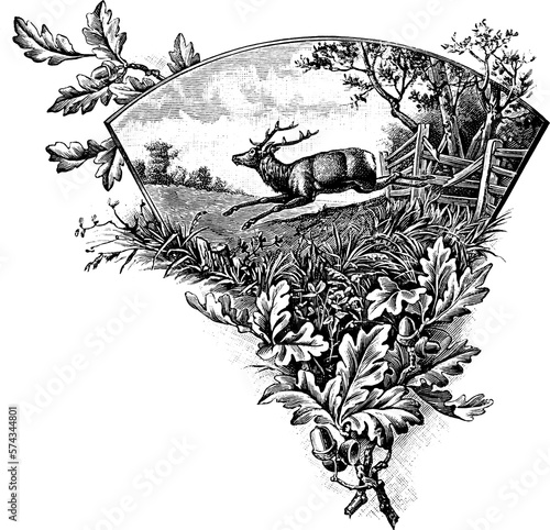 Vintage Nature Illustration with Oak Leaves and Stag Running in Field
