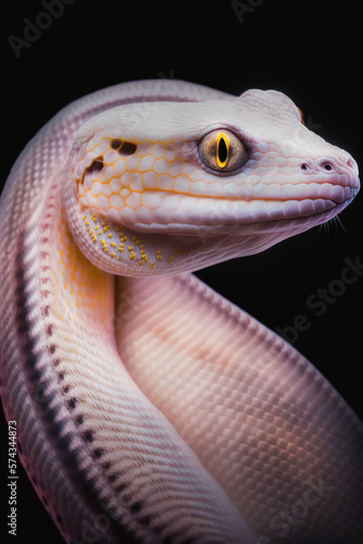 Portrait of an albino snake close-up on a black background, snake white. skin with a pink tint portrait. Generative AI.