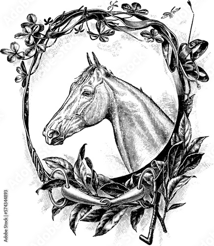 Illustration of a Horses Face inside Themed Wreath