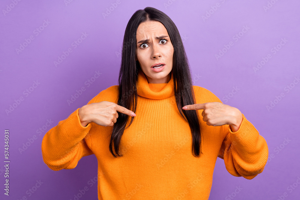 Photo of negative impressed lady accuse blame confused feeling point herself isolated purple color background Photo of negative impressed lady accuse blame confused feeling point herself isolated purple color background