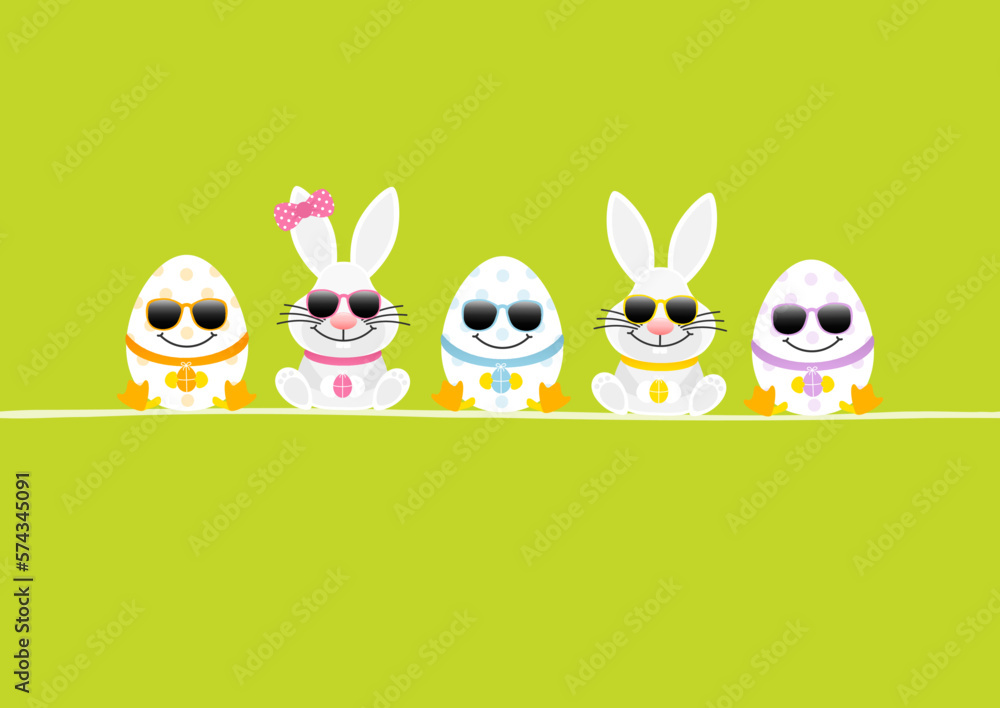 Obraz premium Sitzende Weiße Osterhasen Junge & Mädchen Mit 3 Ostereiern Sonnenbrille Karte Grün