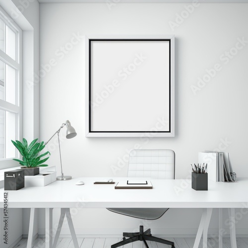 Blank picture frame mockup on wall in modern interior. Quadro em branco para montagem. GENERATIVE AI © nishihata