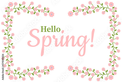 Spring decorative flower frame isolated on white background. Copy space. Lettering Hello spring! Border of pink flowers and green twigs. Greeting card, invitation, postcard. Vector illustration