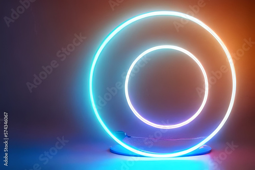 Standing bright center blue and white circle neon light background and backdrop.