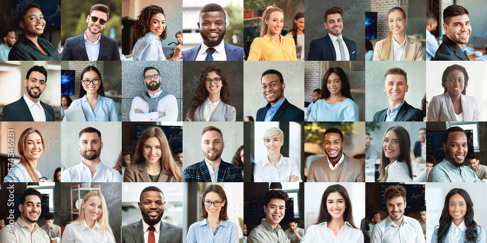 Beautiful business people posing on various backgrounds, panorama, collage
