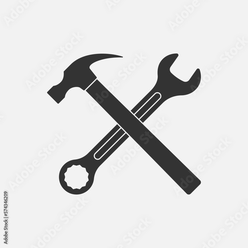 Repair service symbol. Crossed hammer and wrench graphic sign. Working tools sign isolated on white background. Vector illustration