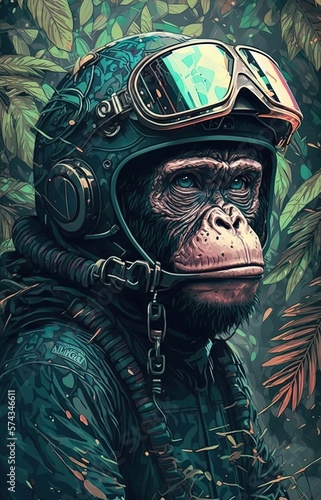 Obraz na płótnie Chimpanzee wearing a helmet in psychedelic jungle - Generative AI