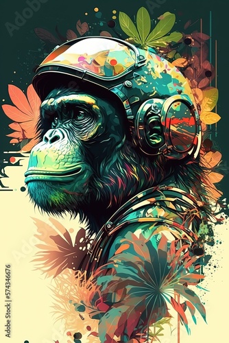 Fotografia Chimpanzee wearing a helmet in psychedelic jungle - Generative AI