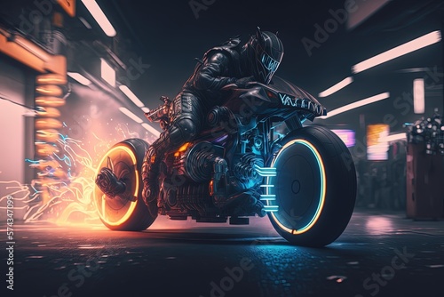 Futuristic motorbike, Side view of motorbike on a cyberpunk City landscape background - Generative AI