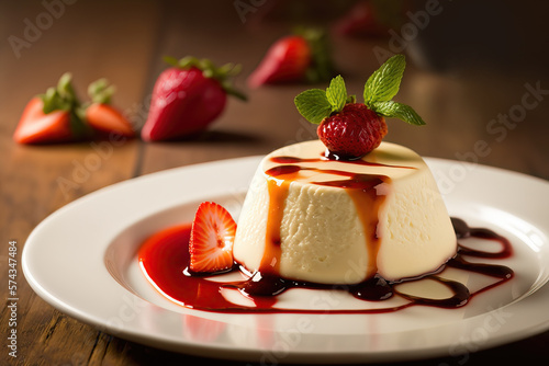 Illustration of a delicious rich and creamy panna cotta topped with strawberries and syrup. Yummy mouth watering sweet Italian dessert. photo