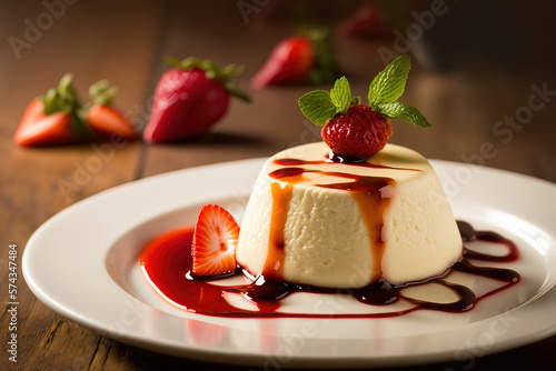 Illustration of a delicious rich and creamy panna cotta topped with strawberries and syrup. Yummy mouth watering sweet Italian dessert.