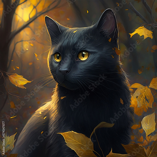 a black cat on the background of an autumn forest