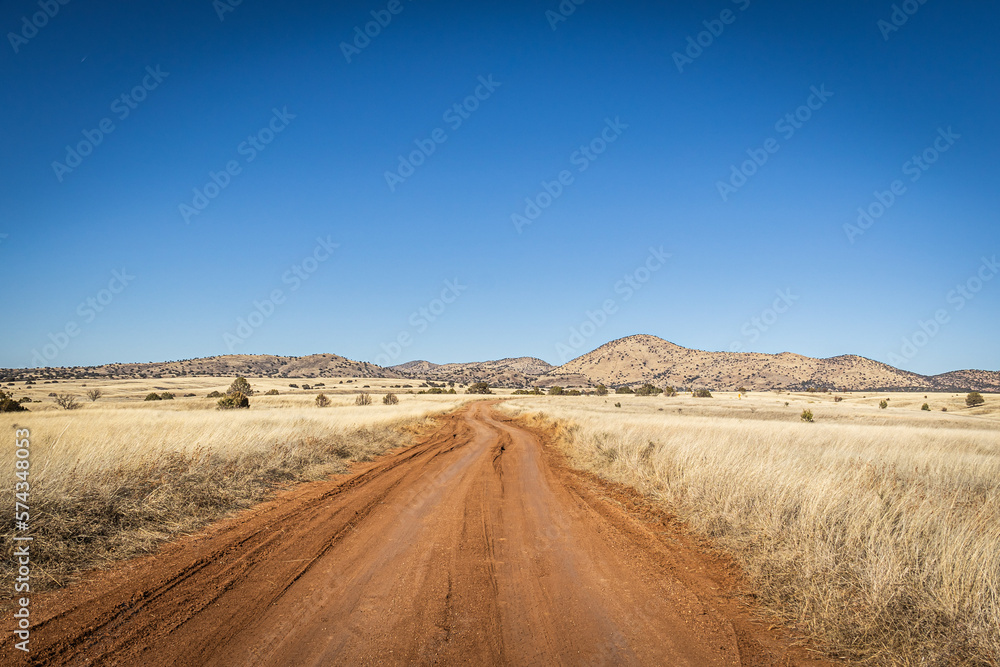 A dirt road leading off into the distance to mountains on the horizon under a clear blue sky.