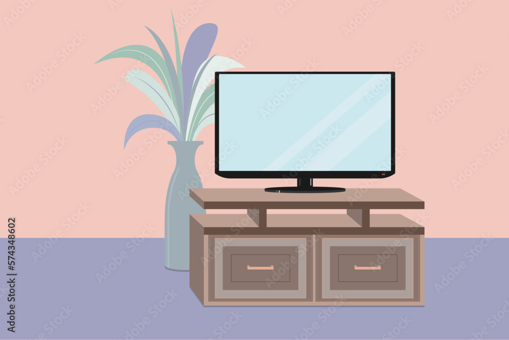 Modern living-room with TV equipment. Vector illustration. Large TV and vase with flowers Modern living-room with TV equipment. Vector illustration. Large TV and vase with flowers