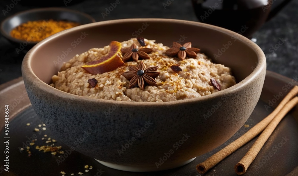 a bowl of oatmeal with cinnamon and star anise. generative ai a bowl of oatmeal with cinnamon and star anise. generative ai