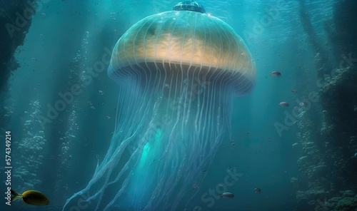  a large jellyfish swimming in the ocean with other fish.  generative ai © Anna