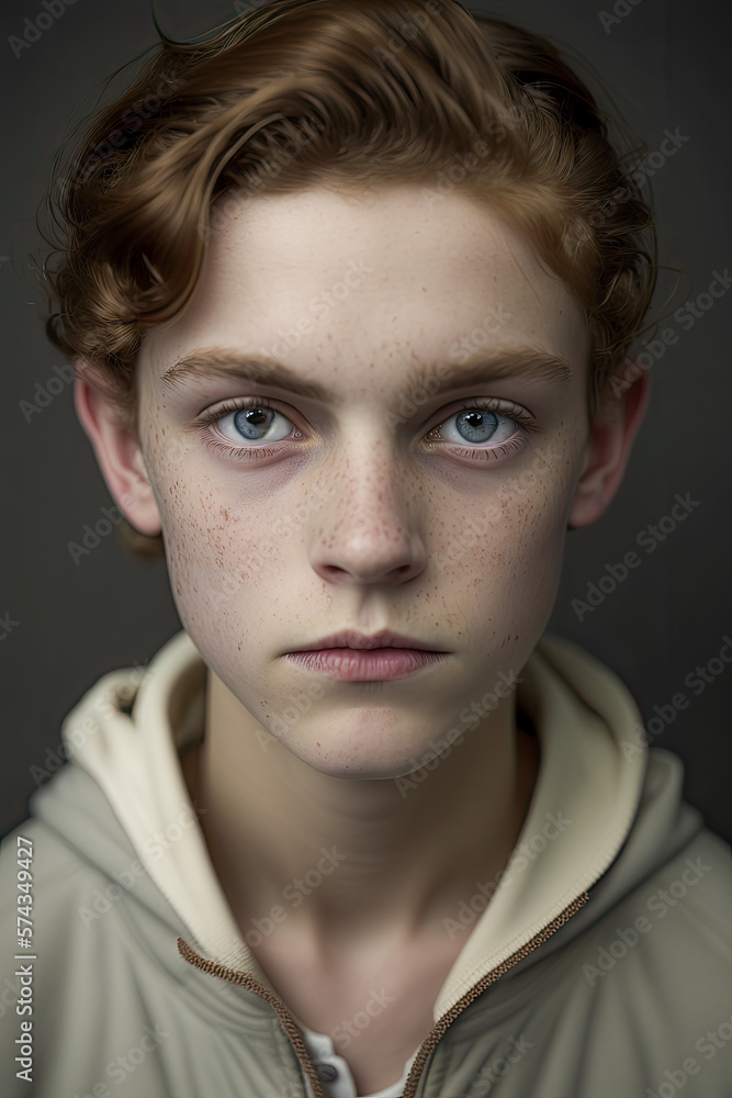 Face portrait of a serious young boy looking to camera.