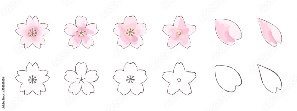 日本の桜水彩画、手書きのサクラの花びら、ベクターアイコンイラスト素材セット