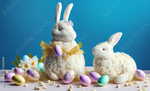 White Easter Holiday Chocolate Bunny, Eggs, and Candies, AI