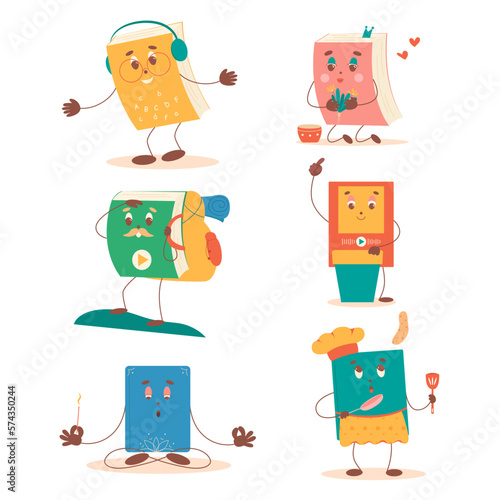set of cartoon books. books with hands and feet. education, reading, audiobooks