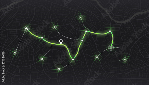 City map navigation. Location tracks dashboard. City street road.city streets and blocks, route distance data, path turns and destination tag or mark. Huge city top view.