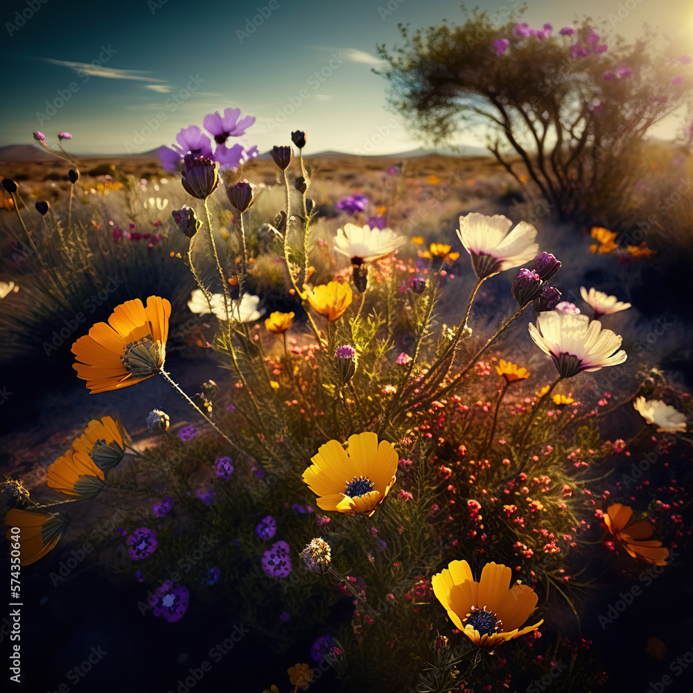 Wildflowers in sunset light. Blooming spring meadow. generative ai.  Field of summer flowers