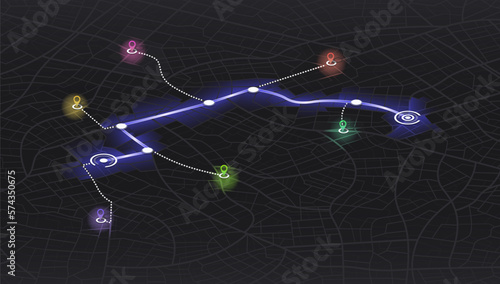 Location tracks dashboard. City street road. City streets route distance data, path turns and destination tag or mark. Huge city top view. Isometric