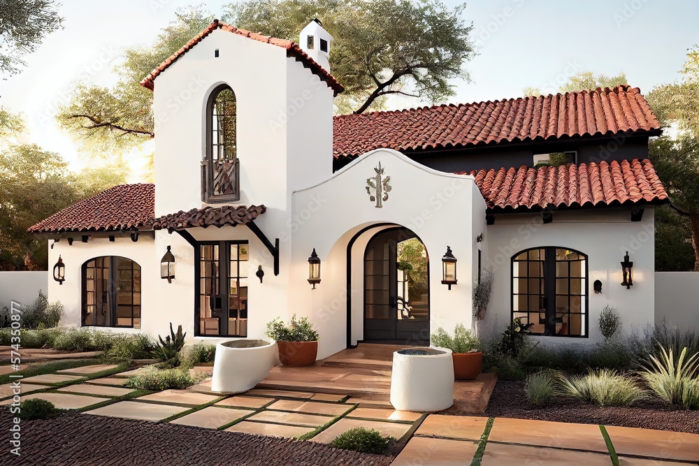 Modern Elegant Spanish Style House Hacienda With Lawn Generative AI modern-elegant-spanish-style-house-hacienda-with-lawn-generative-ai