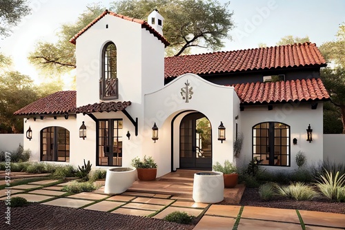Modern Elegant Spanish style House Hacienda with  lawn. Generative AI photo