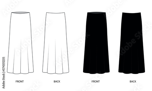 Vector drawing of a long silk skirt in white, black colors. Long skirt template front and back view. Midi skirt sketch, vector.