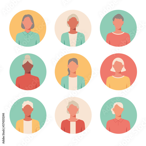 People portraits of older women, female faceless avatar isolated in round icons set, vector design flat style illustration