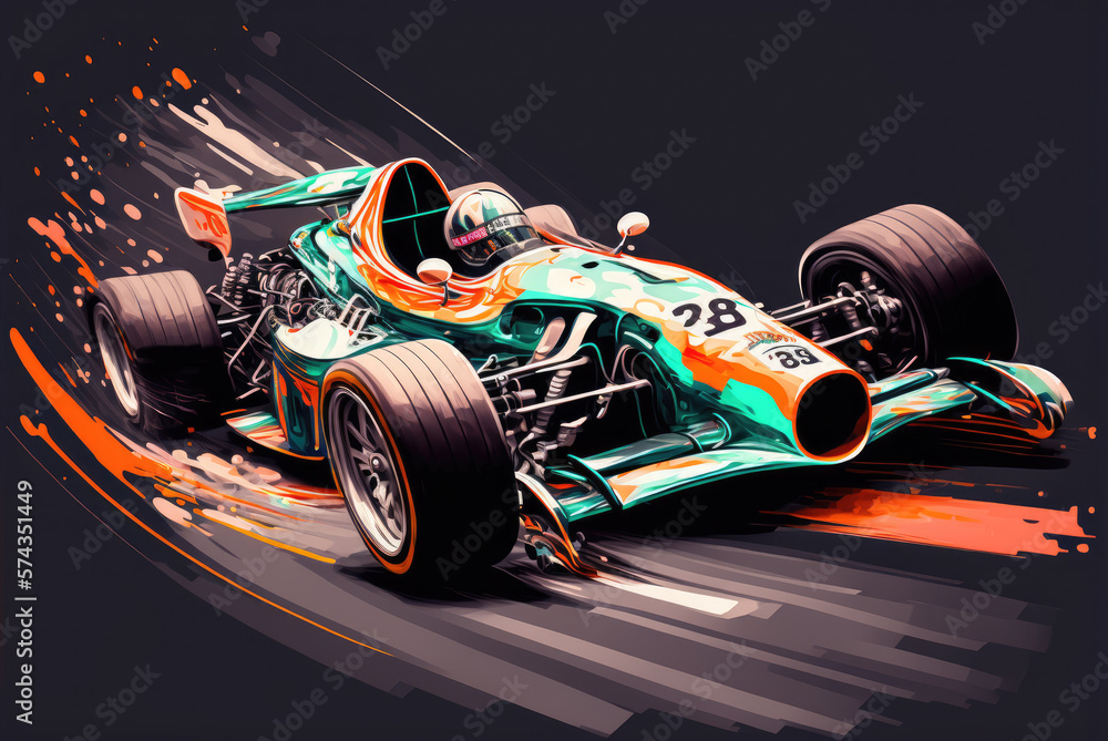 A turquoise and orange race car going at high speed on a black background. Created with Generative AI.