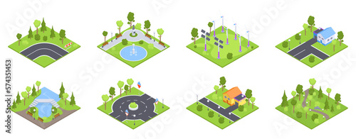 Isometric city environment elements. Urban city park, office buildings, park gardening, street roads and road signs 3d vector illustration set